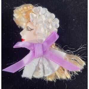 Glamour Lady Head Brooch Face With Lace and Purple  Ribbon 1980's With Gift Box